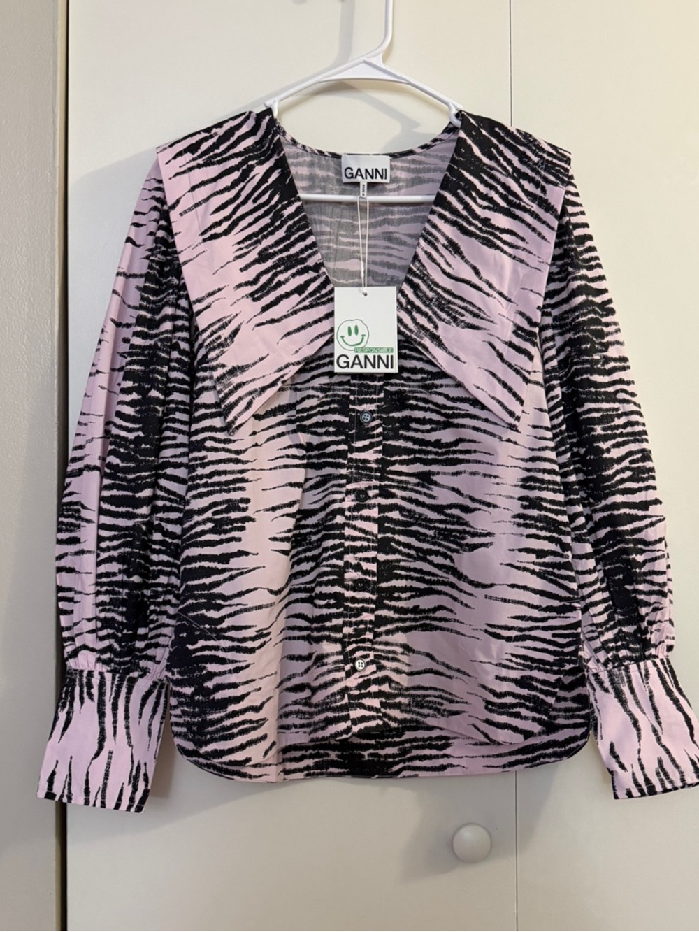 NWT GANNI Tiger-print cotton-poplin blouse Size 34